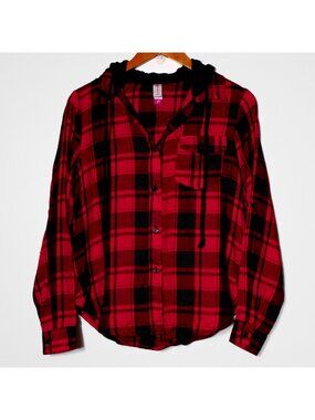 NoBo Lightweight Hooded Button Up Red Black Flannel Buffalo Plaid Long Sleeve S
